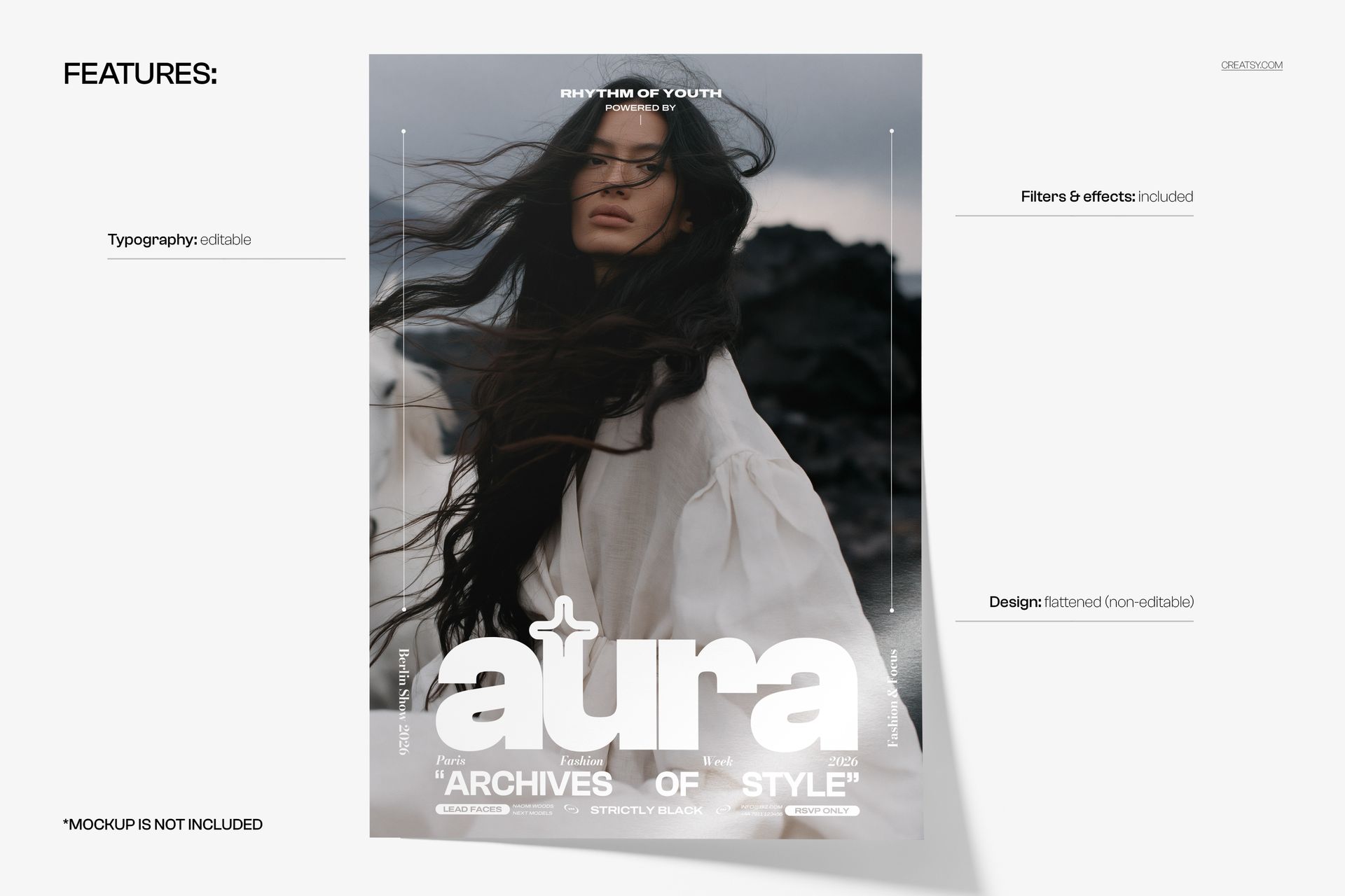 Poster mockup featuring a central portrait of a woman with flowing hair, white outfit, and bold modern typography.