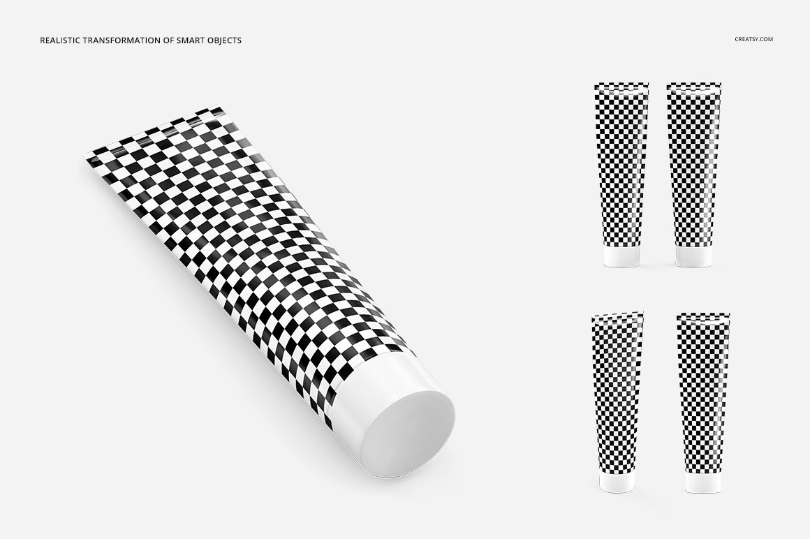 PSD mockup showing a single cream tube with a checkered pattern and four smaller tube variants on a plain background.