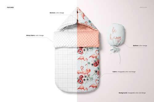 Baby sleeping bag mockup with split design showing grid pattern and floral flamingo print, front view on white background.