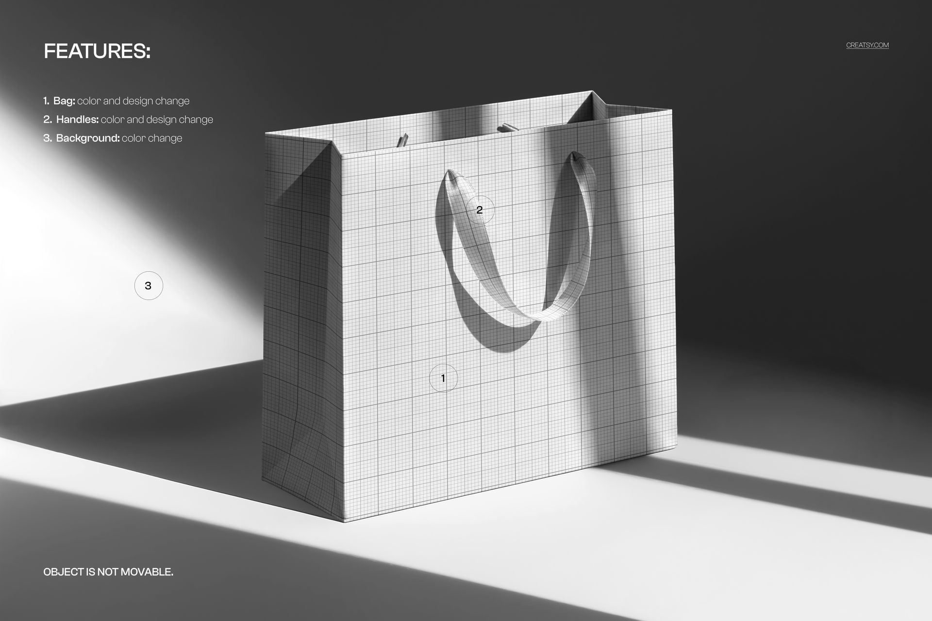 Front view of a premium paper bag mockup with grid pattern, sharp sunlight casting strong shadows on a plain surface.