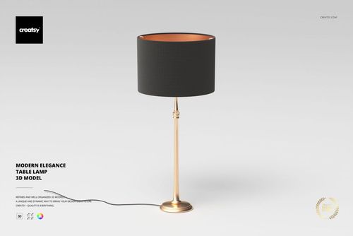 Tall table lamp with a slender gold base and a round black lampshade, shown on a plain light background.
