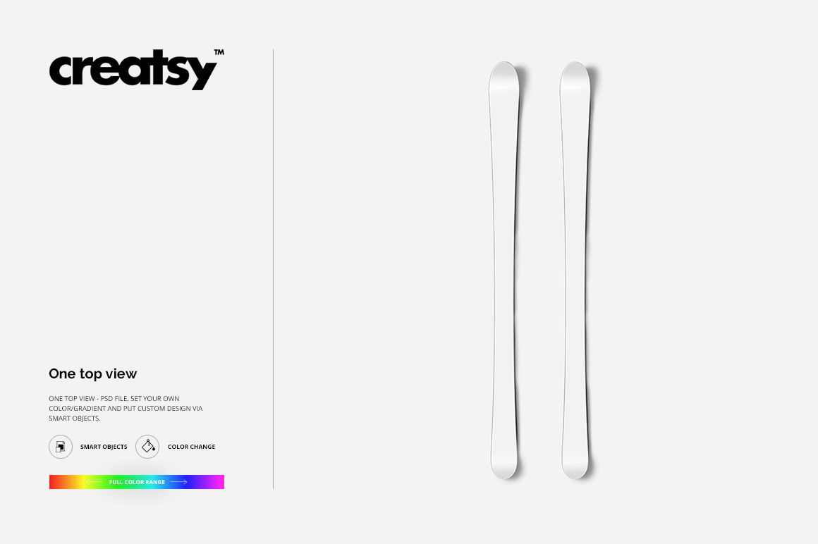 Top view of two white skis placed parallel on a light background, minimalistic sport equipment mockup scene.