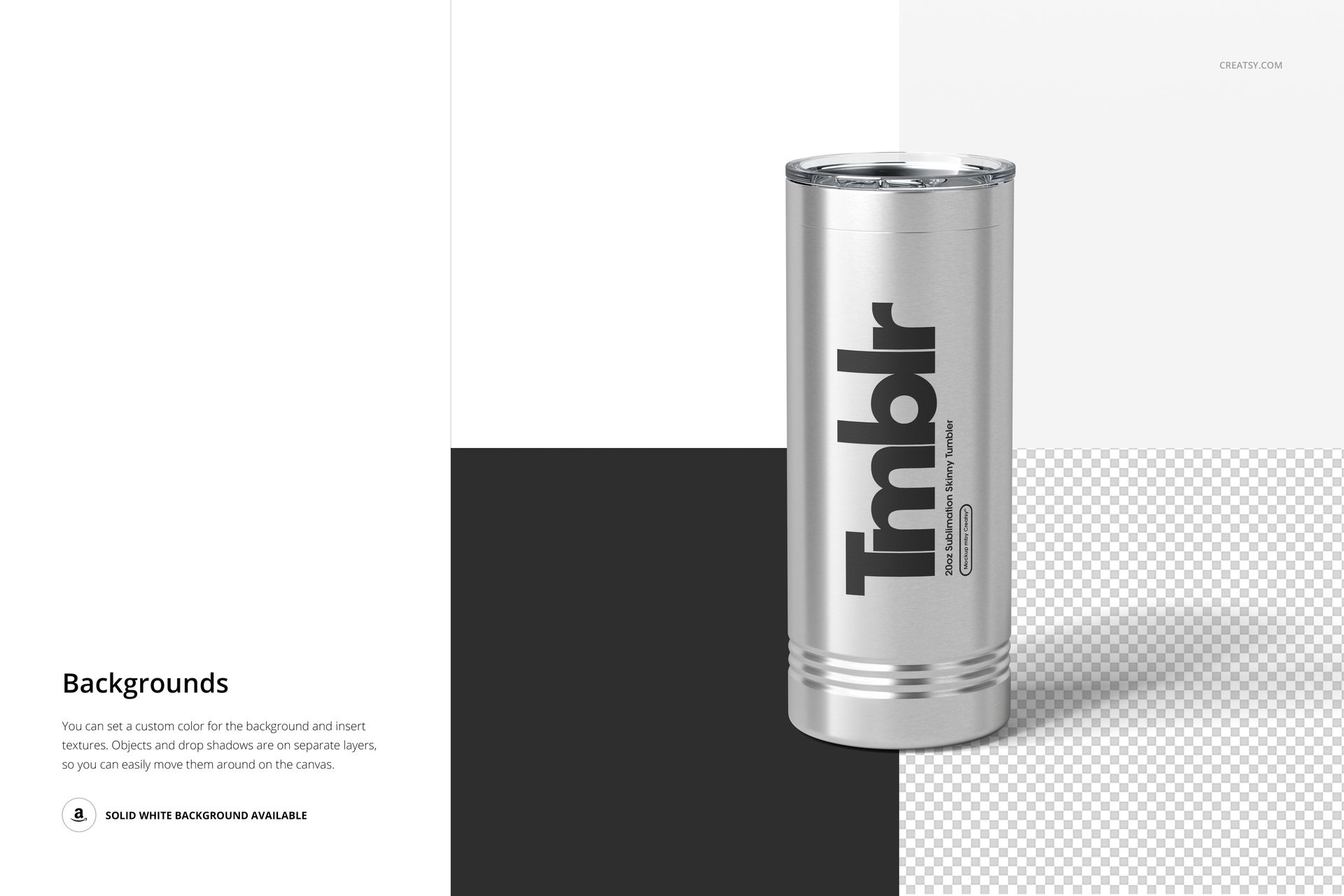 22oz stainless steel tumbler mockup displayed vertically, featuring bold text engraving, set against a divided backdrop.
