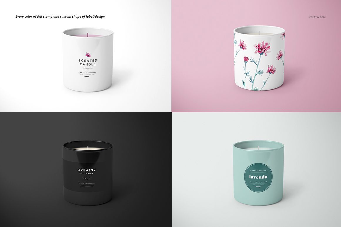 Set of four candle mockups featuring various jar colors and label designs, displayed from a front perspective on colored backgrounds.