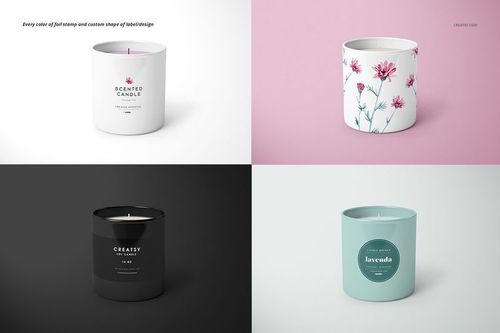 Set of four candle mockups featuring various jar colors and label designs, displayed from a front perspective on colored backgrounds.