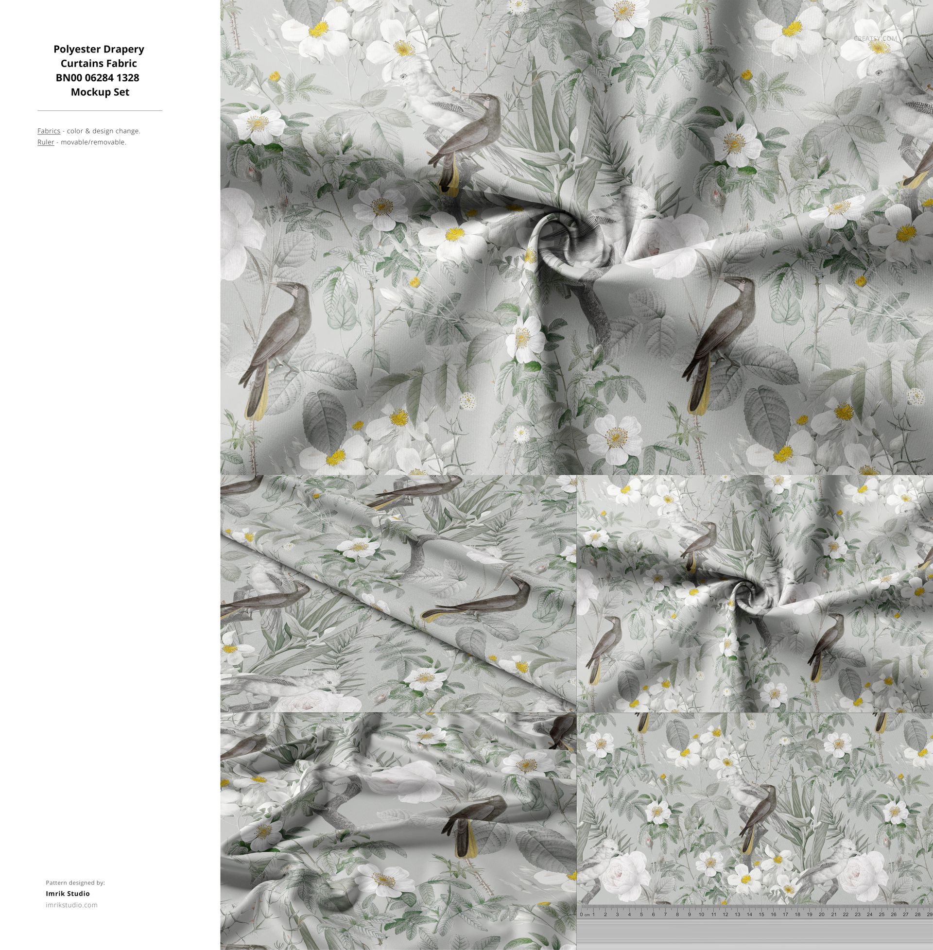 Gray fabric mockup with a floral and bird pattern, shown in a top view with visible folds and texture details.