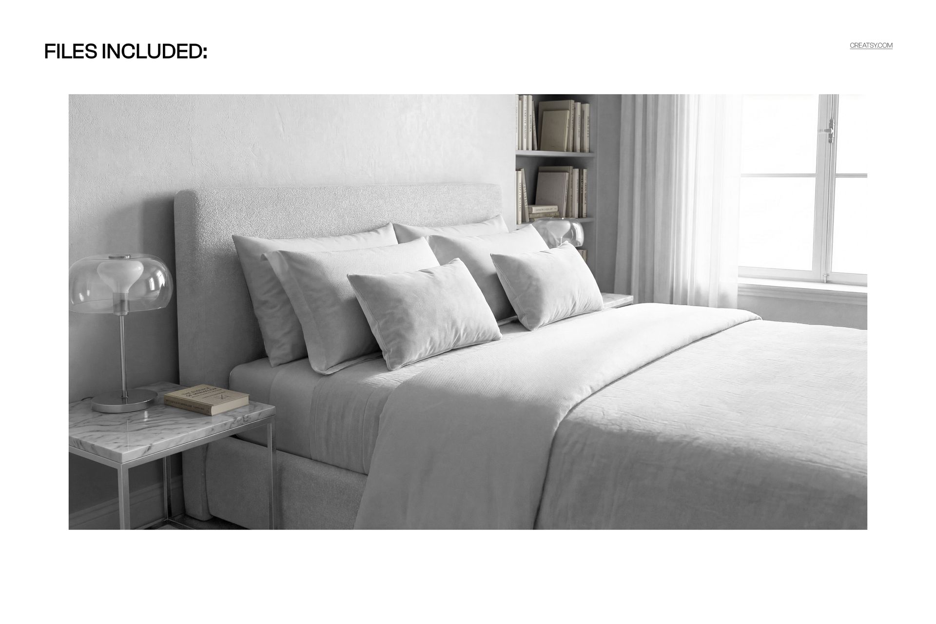 Minimalist bedroom bedding mockup showing a neatly made bed with white pillows and duvet in a bright room.