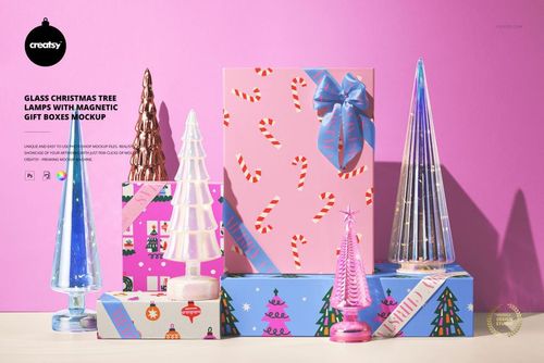 Glass Christmas Tree Lamps with Magnetic Gift Boxes Mockup - mockup preview 1