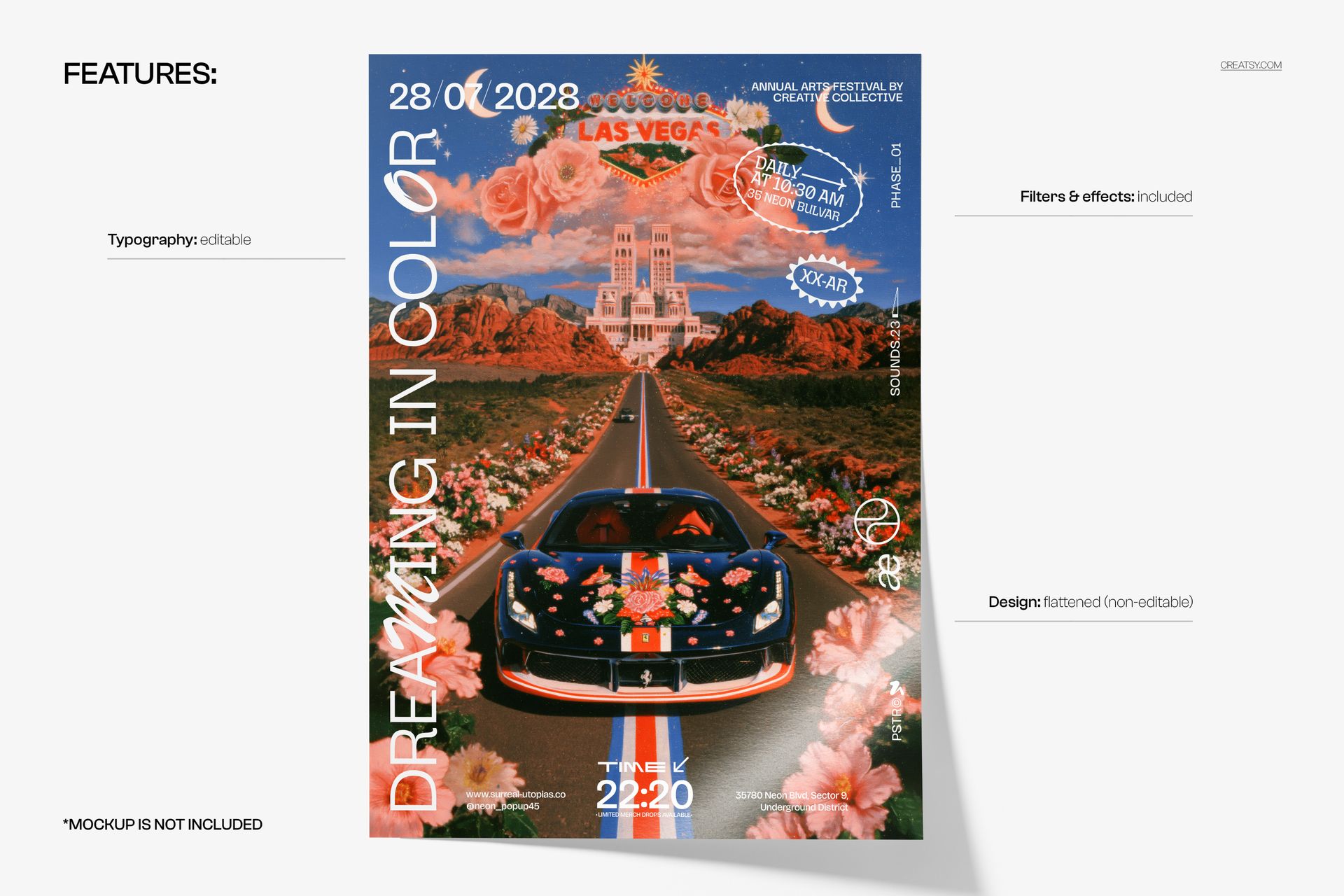 Colorful PSD mockup poster with a car driving toward Las Vegas, surrounded by flowers and a dreamlike city background.