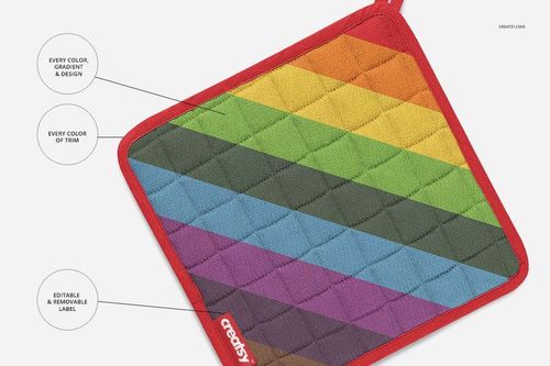 Colorful quilted kitchen textile mockup featuring rainbow diagonal lines, red edging, and removable label on white.