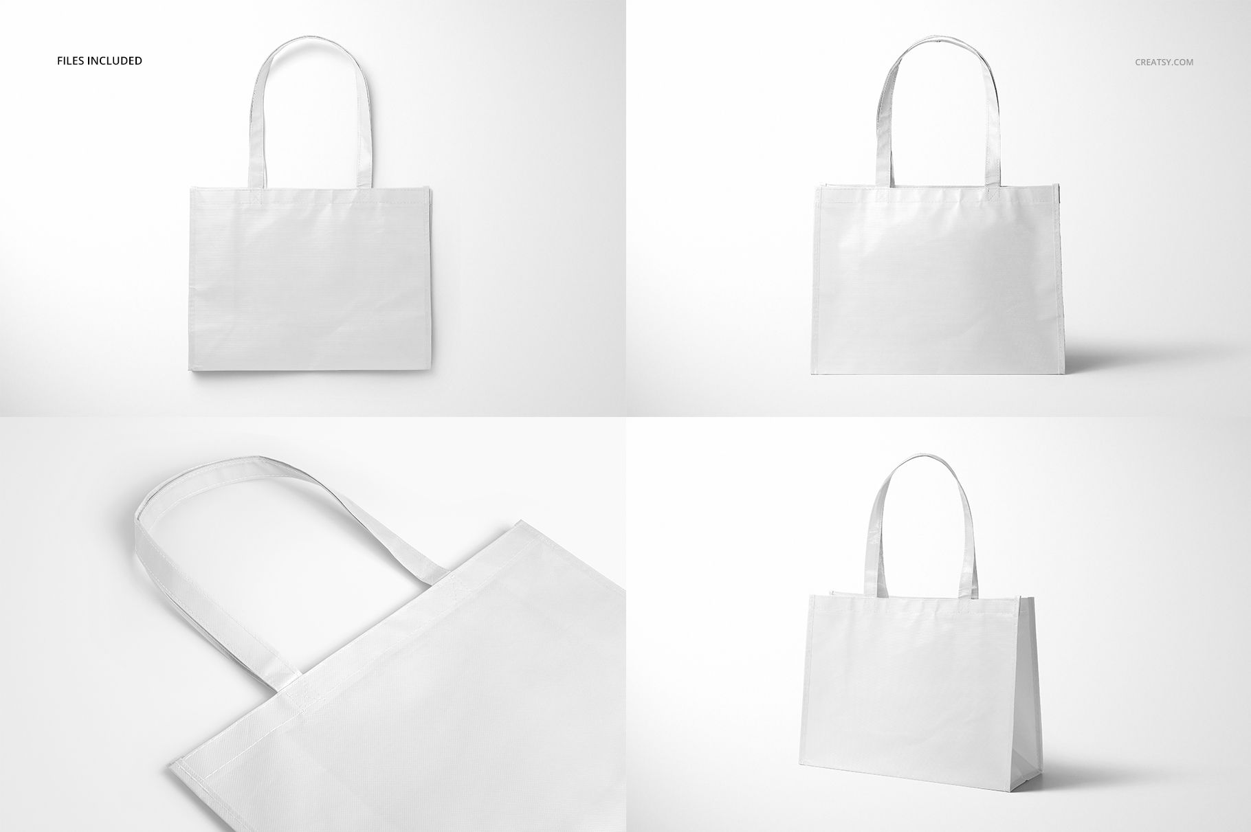 Laminated non-woven tote bag mockup set showing four views of a plain white rectangular bag with handles on a light background.