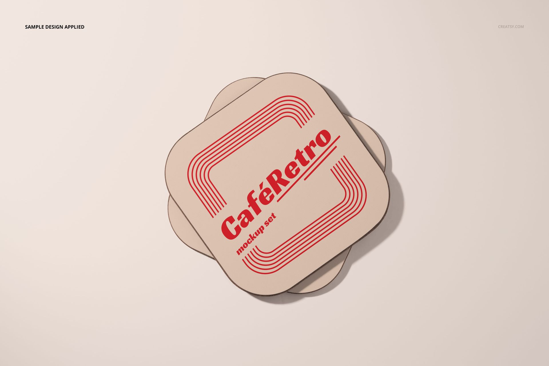 PSD mockup of hard wooden base coasters in a layered arrangement, highlighting vintage red line patterns.