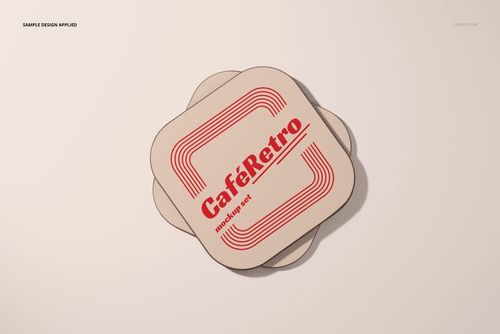 PSD mockup of hard wooden base coasters in a layered arrangement, highlighting vintage red line patterns.