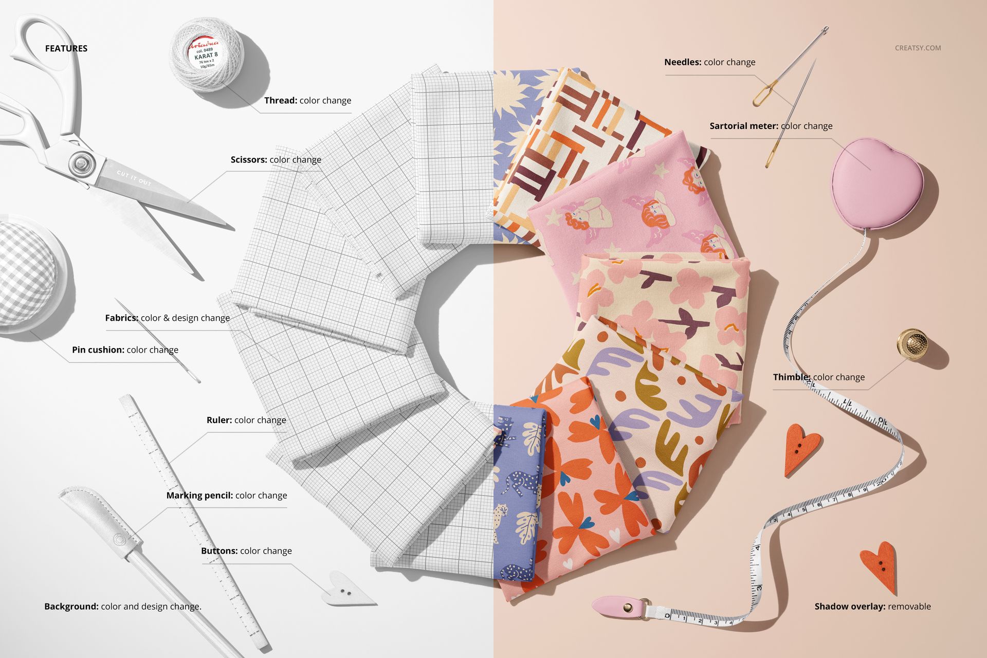 PSD mockup showing patterned jersey fabrics organized in a ring, with sewing accessories like pins and rulers on a split background.