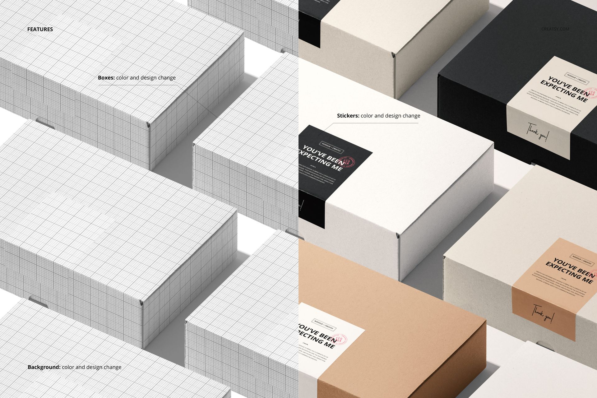 PSD mockup of mailing boxes arranged in rows, with different sticker designs and color options visible from above.