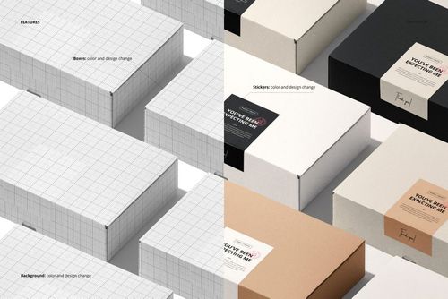 PSD mockup of mailing boxes arranged in rows, with different sticker designs and color options visible from above.