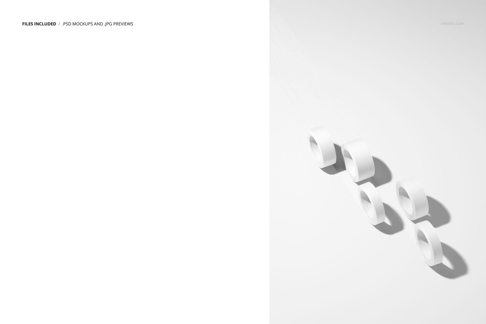 Six white packaging tape rolls arranged diagonally on a light surface, casting soft shadows, top view mockup.
