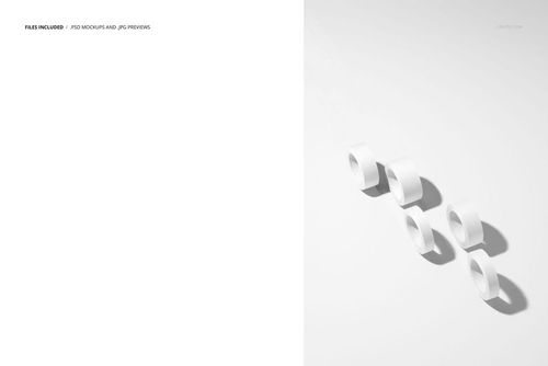 Six white packaging tape rolls arranged diagonally on a light surface, casting soft shadows, top view mockup.