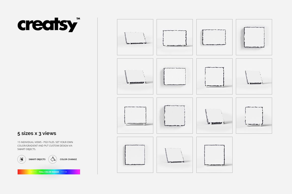 Rock slate mockup set showing fifteen white rectangular slates in various sizes and three different angles on a neutral background.