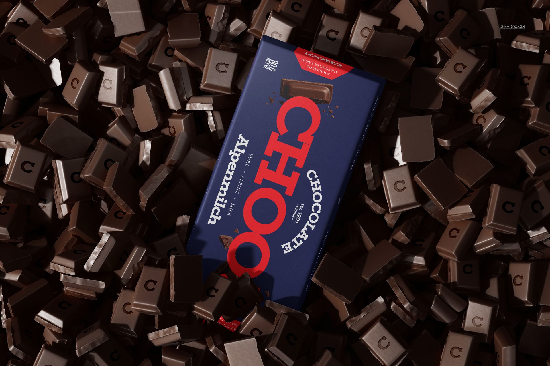 Trapezoidal chocolate bar folding box mockup surrounded by scattered chocolate pieces, top view scene.