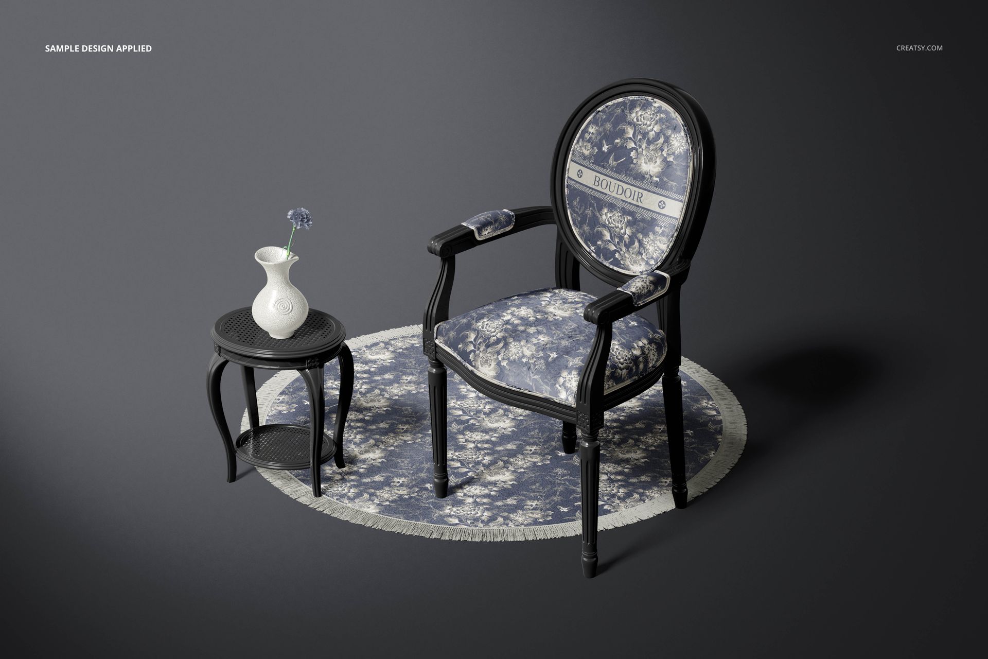 Louis XVI style armchair mockup featuring blue floral fabric, placed beside a black side table with a white vase and flower.