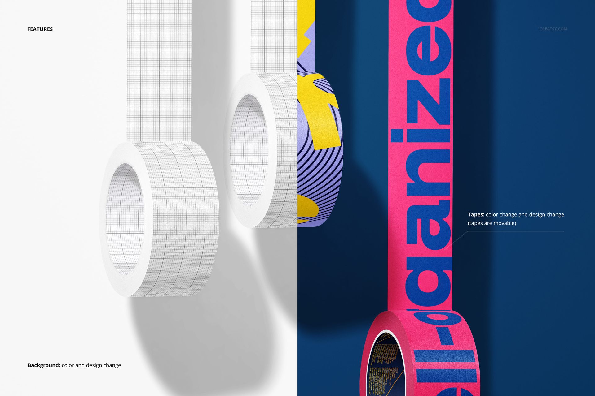 Front view of hanging packaging tapes mockup, featuring grid pattern and colorful designs on split backgrounds.