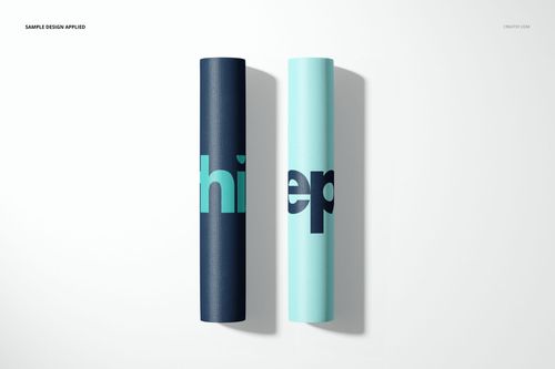 Rolled exercise mat mockup set with contrasting blue colors and large letter patterns, displayed on a plain surface.