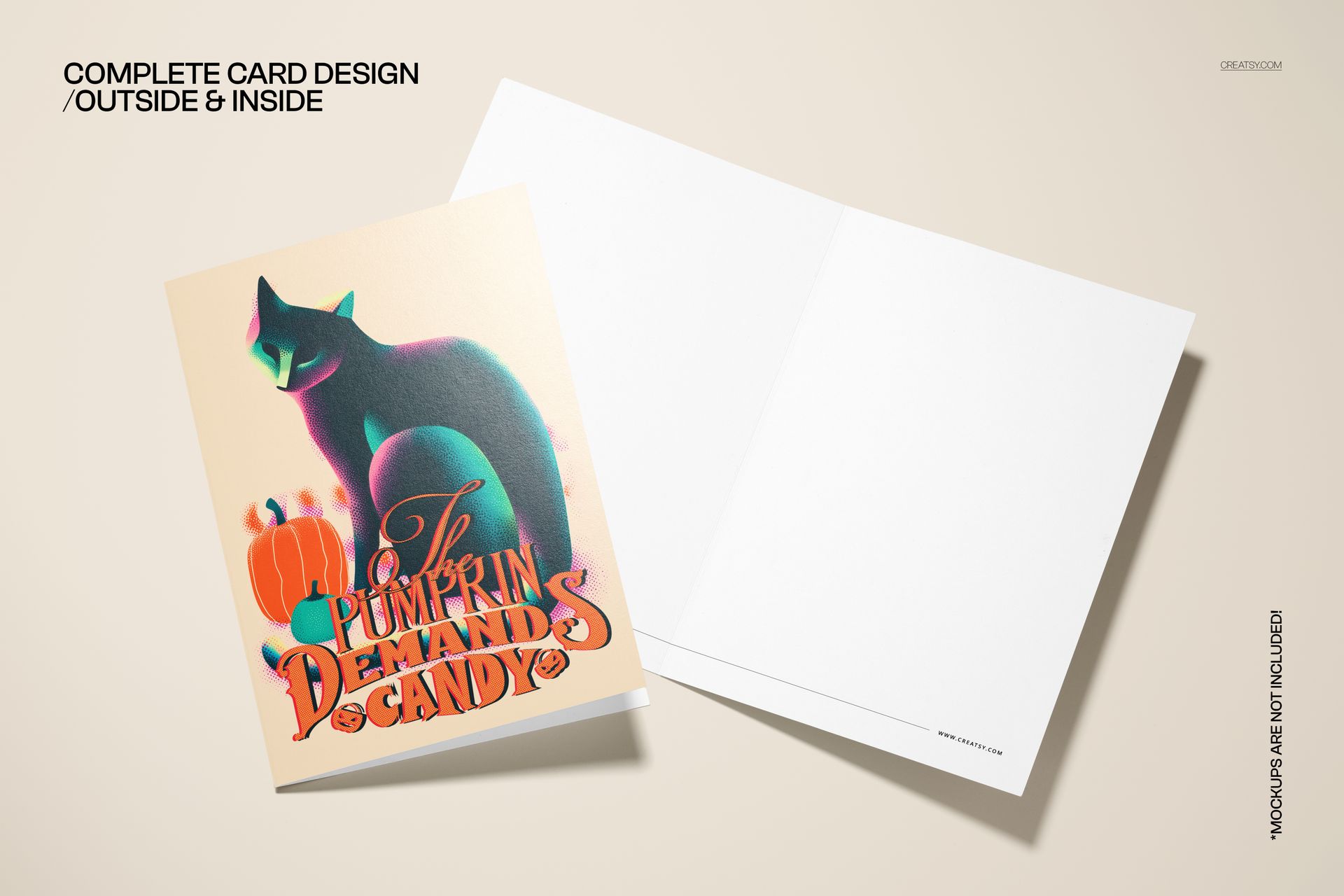 Halloween card mockup with a black cat illustration and pumpkins on the cover, displayed open to reveal the empty interior.