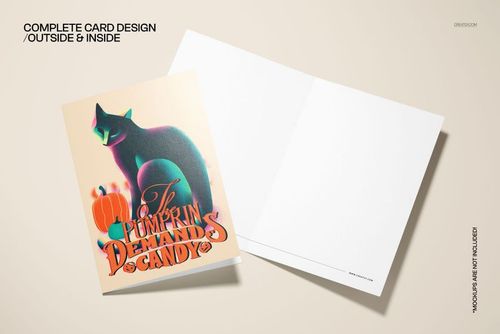 Halloween card mockup with a black cat illustration and pumpkins on the cover, displayed open to reveal the empty interior.