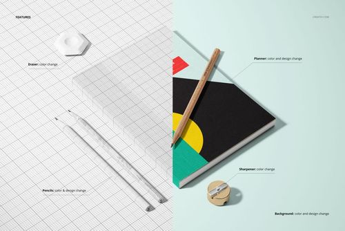 Angled view of a planner mockup and pencils on a split background with grid and pastel blue surfaces.