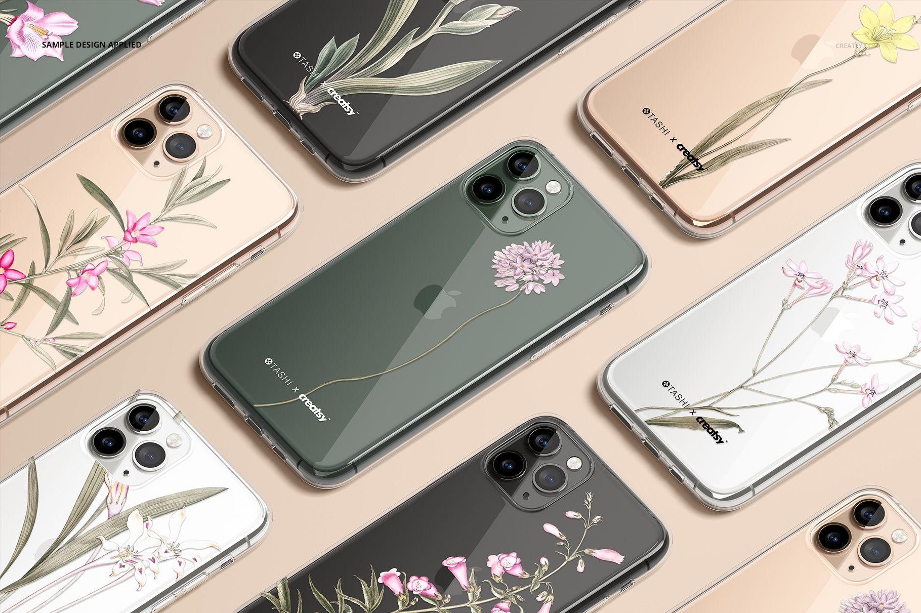 PSD mockup set of iPhone 11 Pro clear cases with transparent and floral covers arranged in a flat lay style.