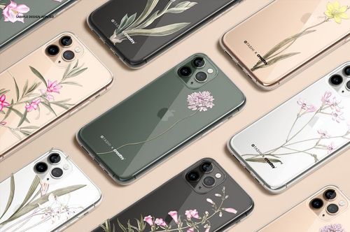 PSD mockup set of iPhone 11 Pro clear cases with transparent and floral covers arranged in a flat lay style.