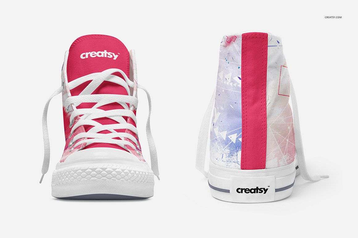 Sneakers mockup set showing two high-top shoes, one facing front and one facing back, with pink and white accents.