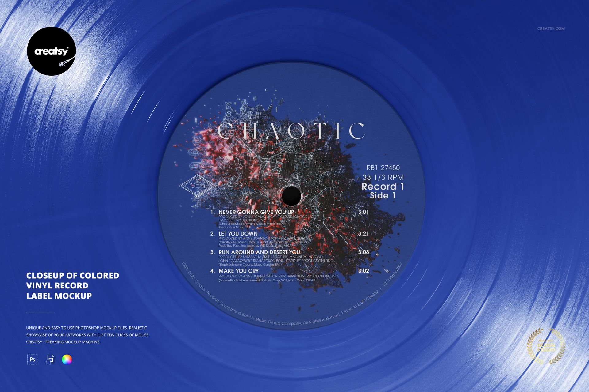 Blue vinyl record mockup displayed from above, highlighting the central label with album information and creative artwork.