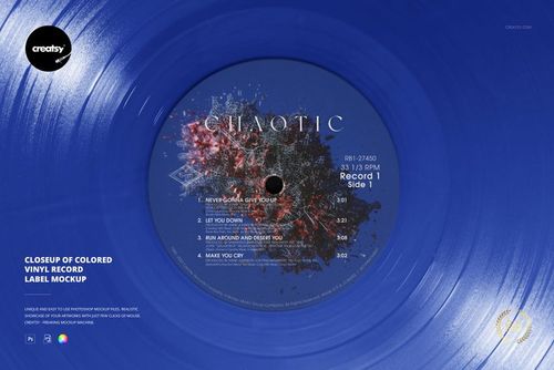 Blue vinyl record mockup displayed from above, highlighting the central label with album information and creative artwork.