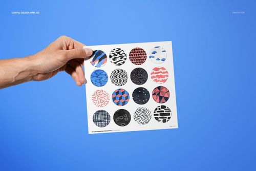 Front view of a velvet swatches card mockup featuring various circular textured designs against a solid blue backdrop.