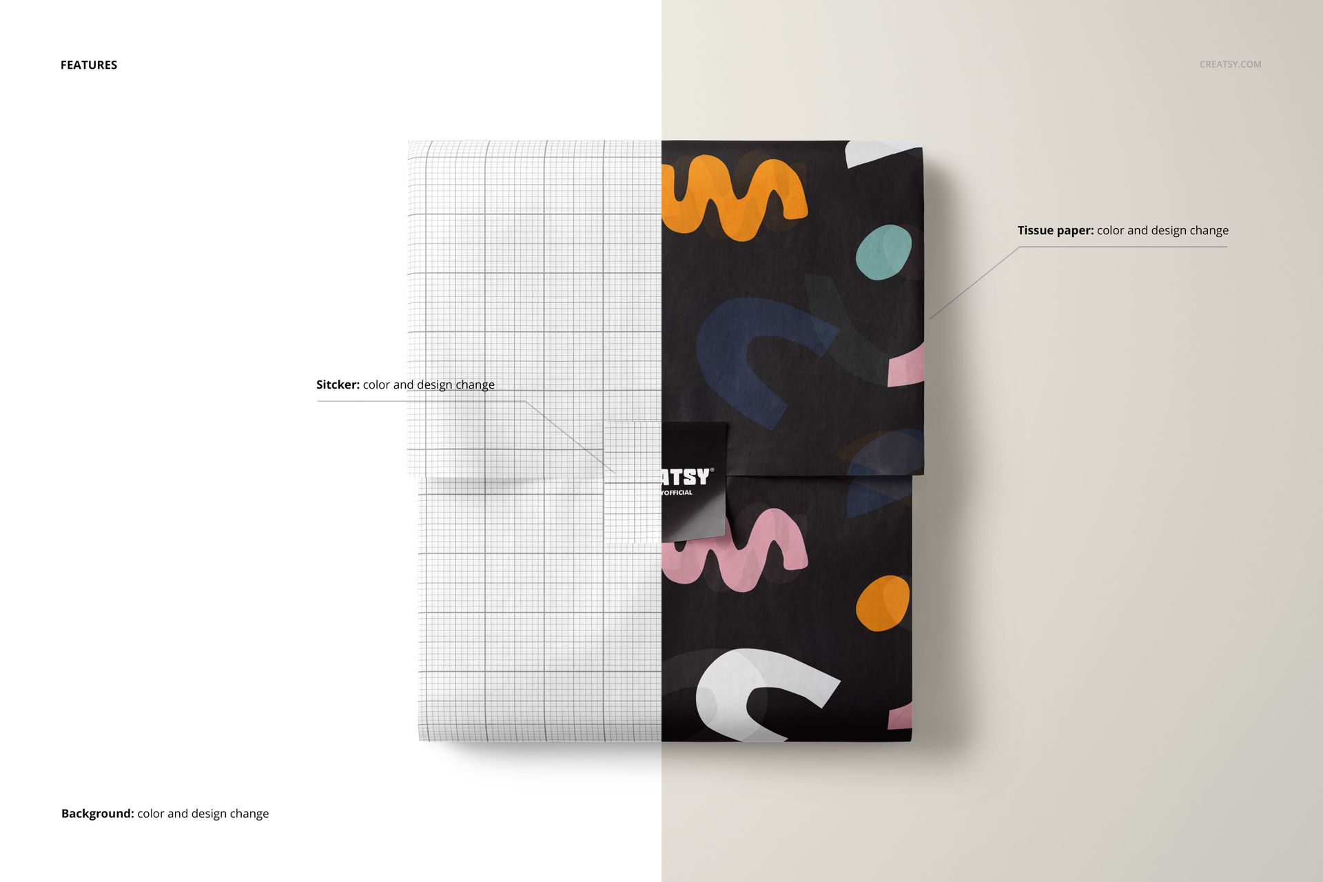 PSD mockup of packaging featuring wrapped tissue paper and a square sticker, displayed with two distinct designs.