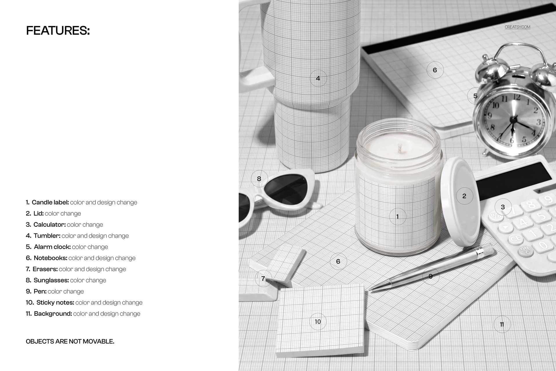 Glass jar candle mockup with cotton wick placed among grid-patterned notebooks, pen, and desk accessories.