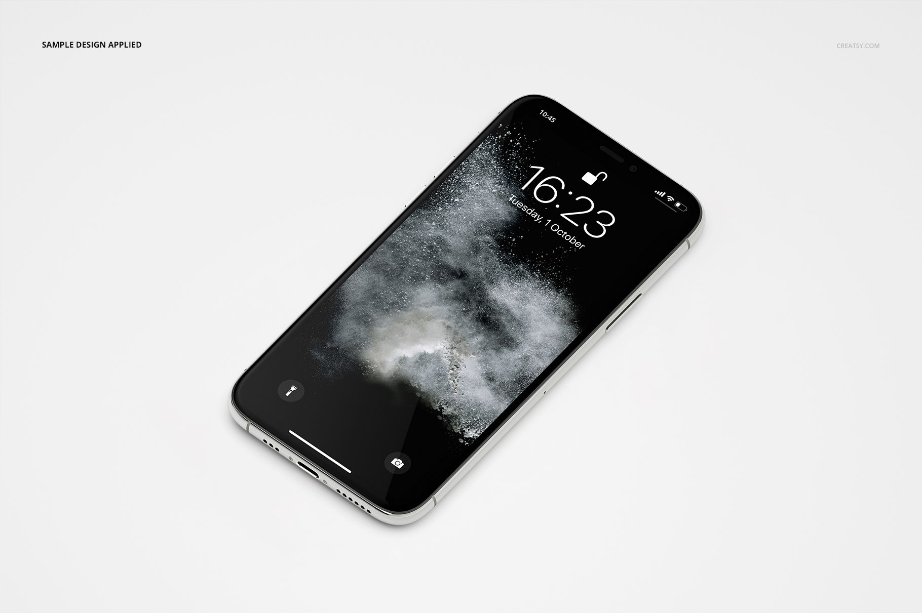 Single iPhone 11 Pro mockup shown from a perspective angle, featuring a black and gray cloud-like screen design.
