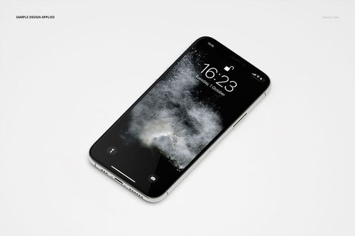 Single iPhone 11 Pro mockup shown from a perspective angle, featuring a black and gray cloud-like screen design.