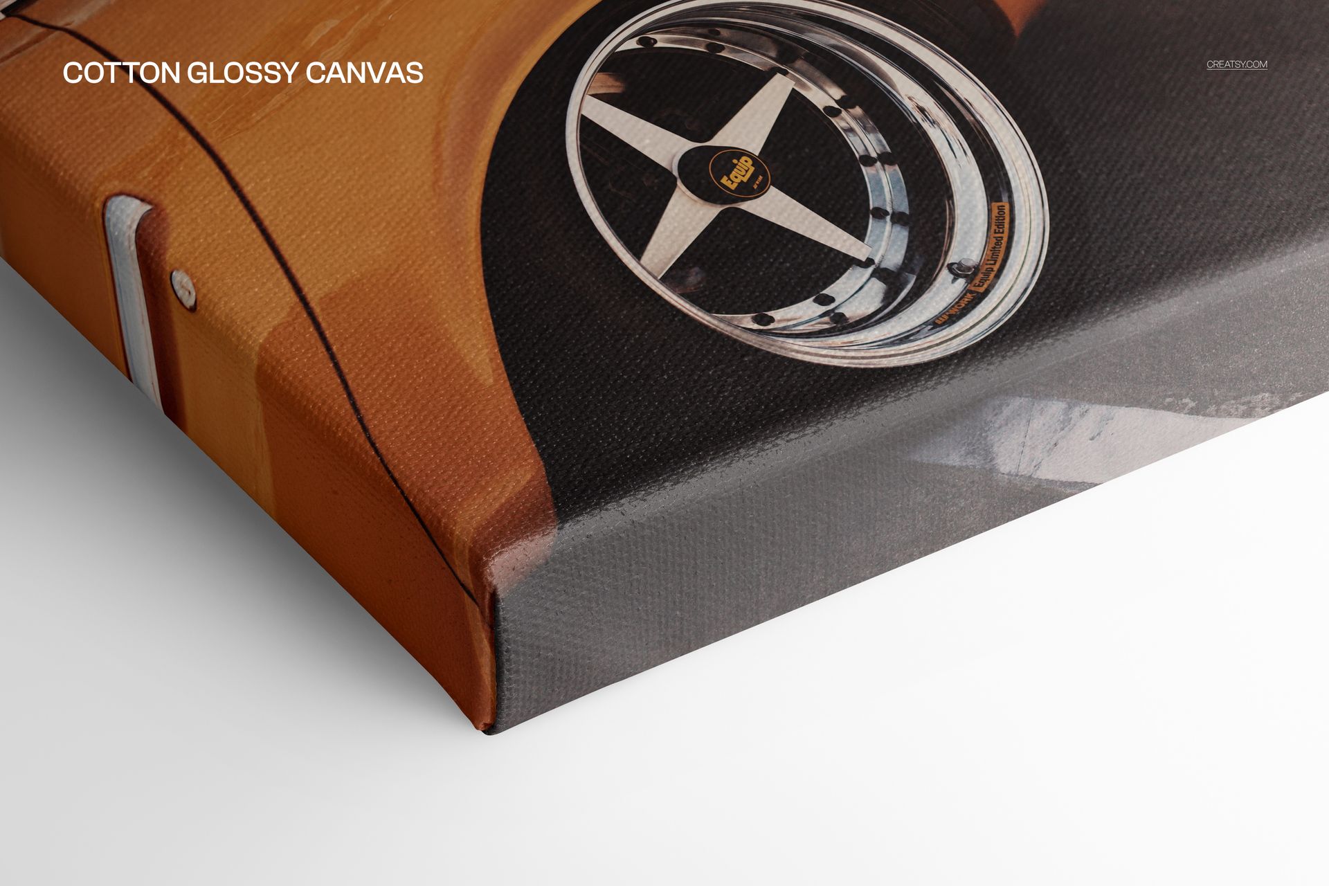 Detailed mockup of a canvas print corner showing glossy cotton surface and a partial car wheel design.