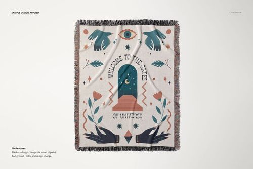 Fringed woven blanket mockup displayed flat, decorated with geometric patterns and stylized hands on a light background.