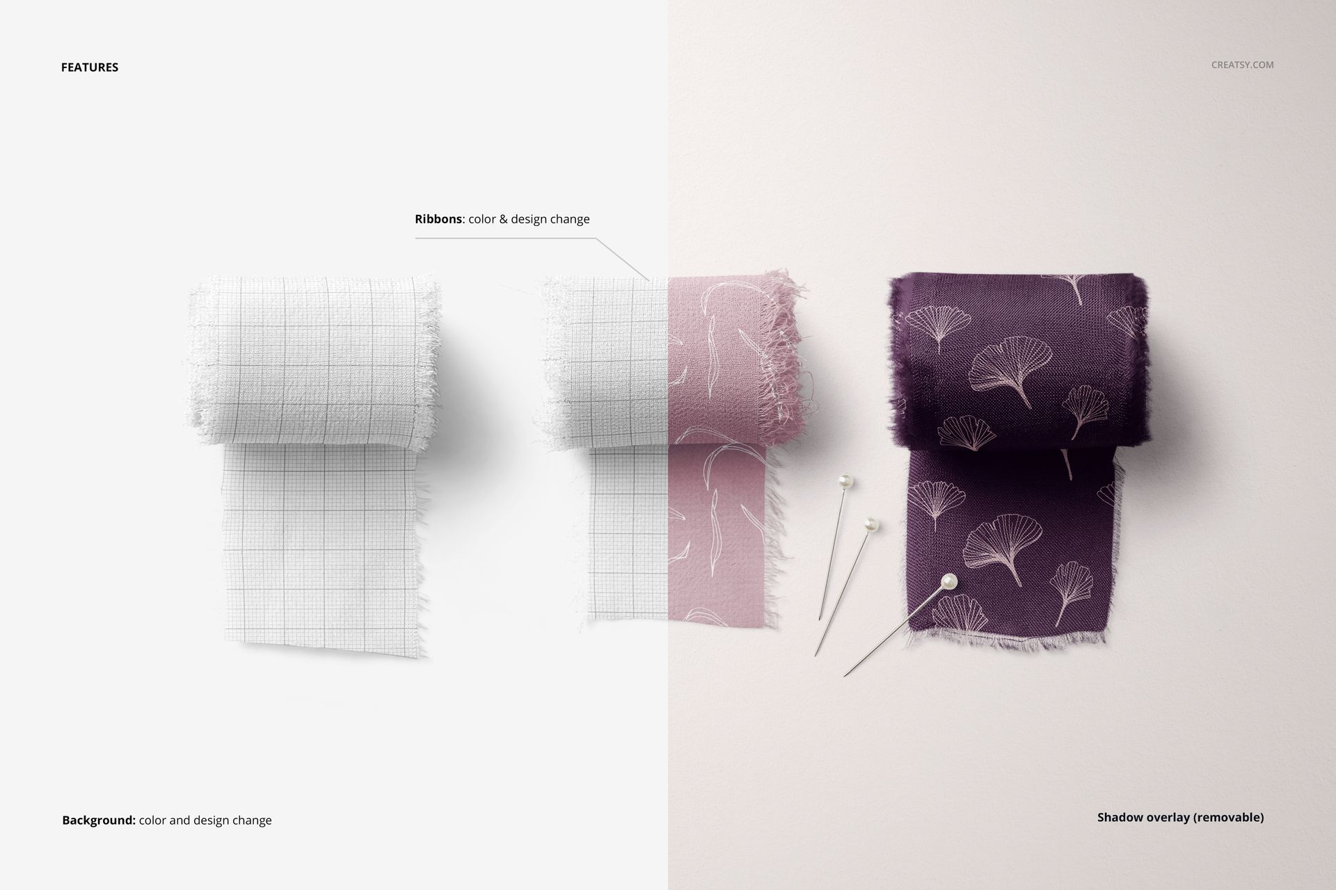 Mockup of silk ribbons in pink and purple shades, featuring a leaf motif and pins, presented in a flat lay arrangement.
