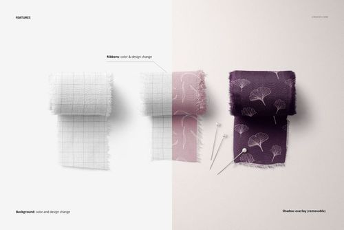 Mockup of silk ribbons in pink and purple shades, featuring a leaf motif and pins, presented in a flat lay arrangement.