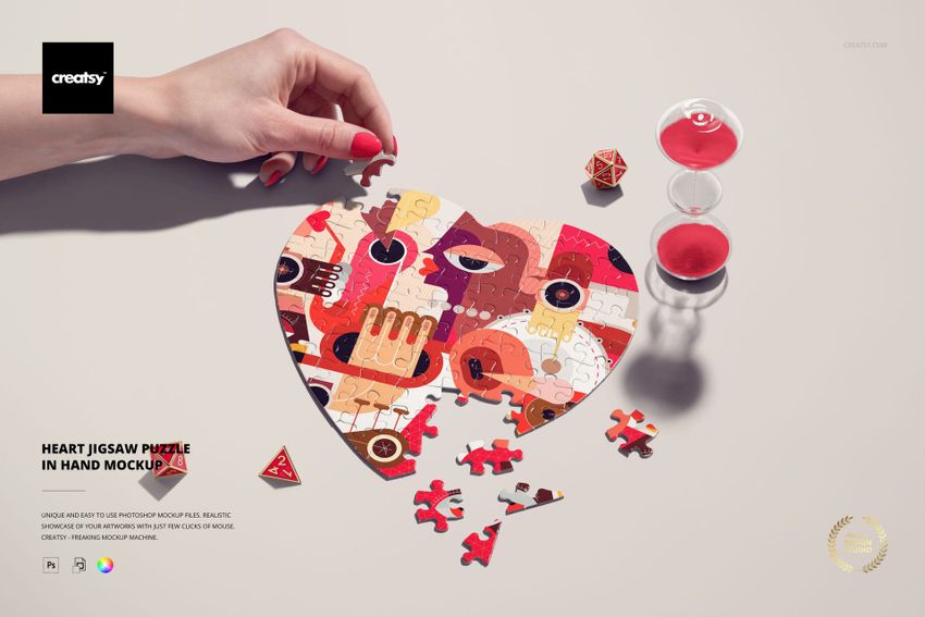 Heart jigsaw puzzle mockup featuring a vibrant abstract pattern, hand interacting with pieces, and a red sand timer nearby.