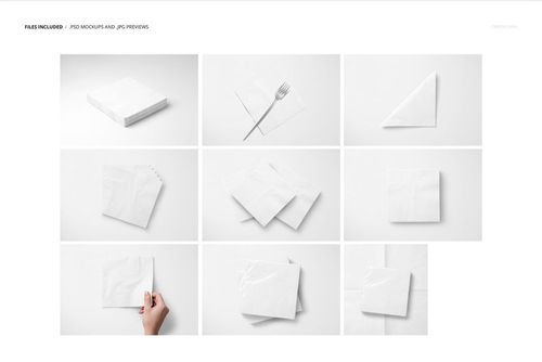 Nine white napkin mockups displayed in various positions, some folded, stacked, and one with a fork on top.