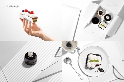 PSD mockup scene with desserts on food safe paper, including a box of pastries, plated cake, and a hand holding a treat.