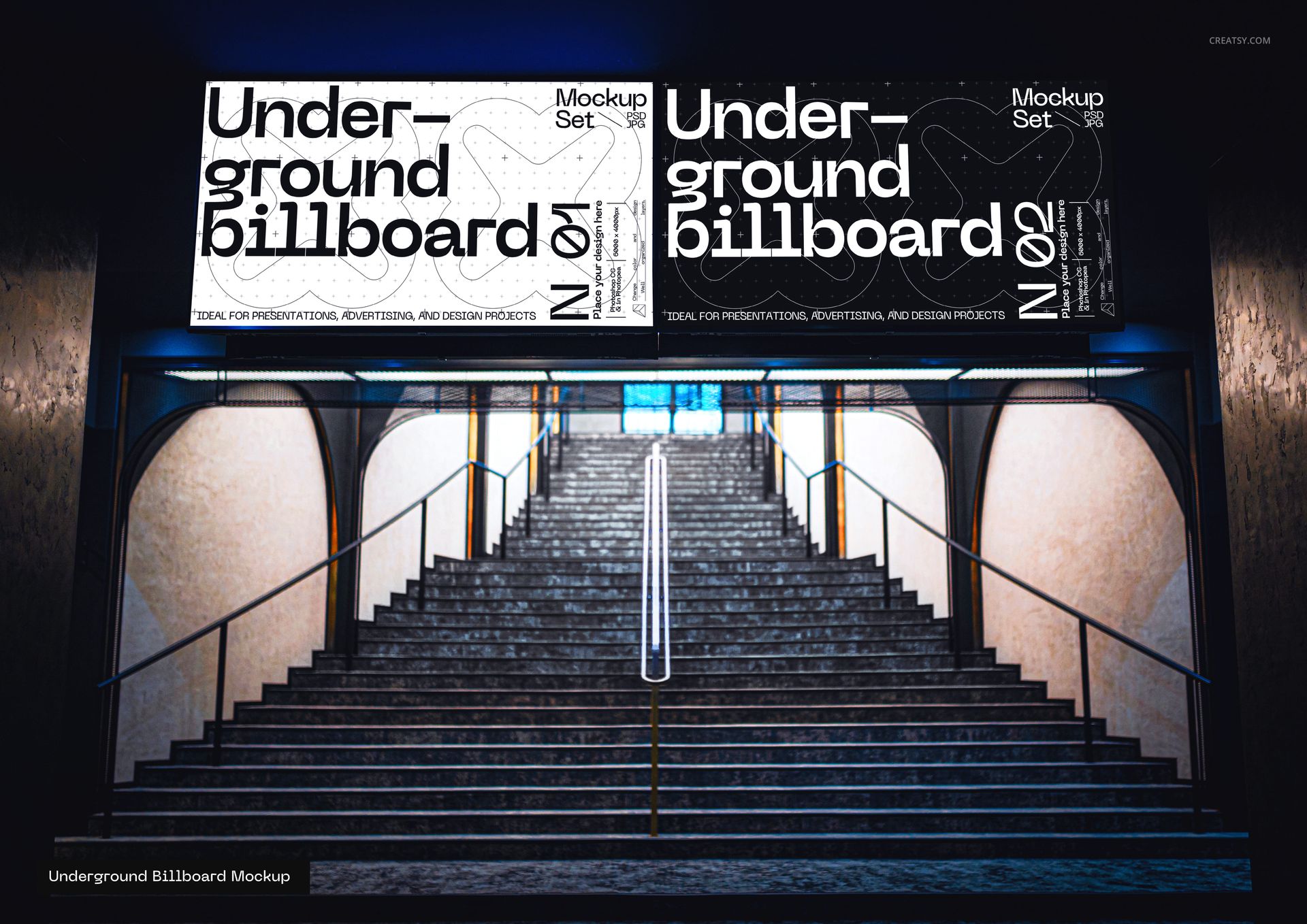 Large underground billboard mockup displayed above a wide staircase, featuring bold black and white graphic designs.
