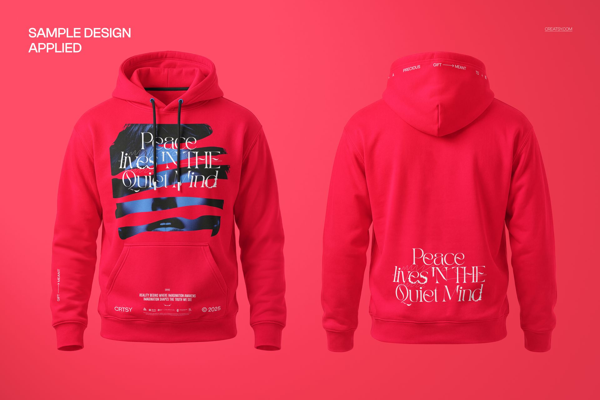 Front and back view of a men's hoodie mockup in bright red, featuring bold white and blue graphic designs.