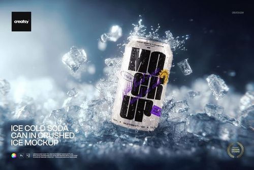 Close-up of a soda can surrounded by clear ice cubes, featuring a modern graphic label, PSD mockup style.